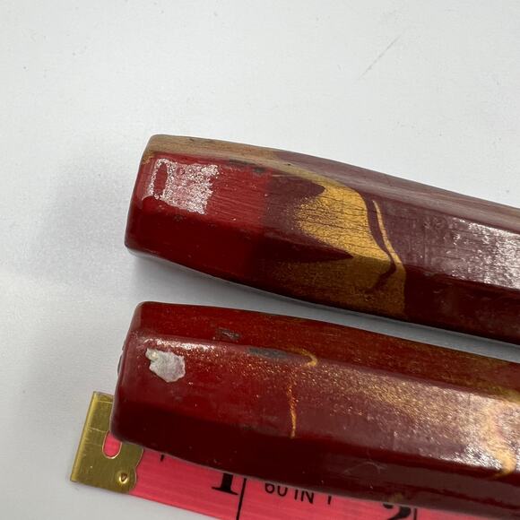 Vintage Carved Painted Glazed Wooden Painted Red Gold Decorative Candle Sticks - Picture 3 of 8